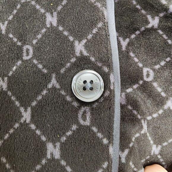 DKNY Black Logo Velour Pajamas PJ Set Button Top & Pants Pockets Sz S - Picture 6 of 9